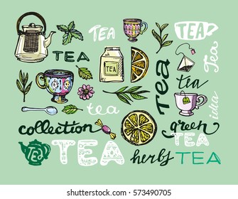 Hand drawn tea time collection. Cup and teapot. Vector illustration.