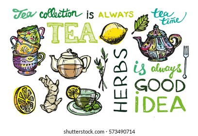 Hand drawn tea time collection. Cup and teapot. Vector illustration.