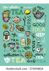 Hand drawn tea time collection. Cup and teapot. Vector illustration.