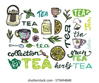 Hand drawn tea time collection. Cup and teapot. Vector illustration.