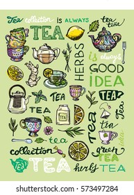 Hand drawn tea time collection. Cup and teapot. Vector illustration.