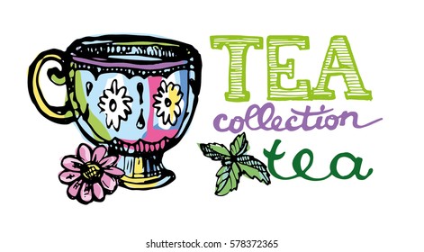 Hand drawn tea time collection. Cup and teapot. Vector illustration.