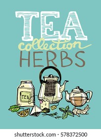 Hand drawn tea time collection. Cup and teapot. Vector illustration.