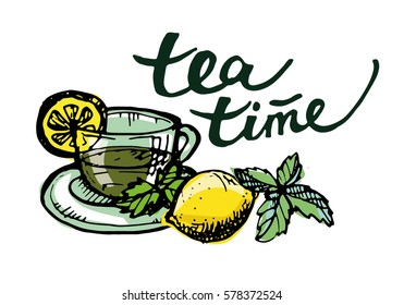 Hand drawn tea time collection. Cup and teapot. Vector illustration.