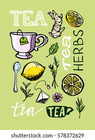 Hand drawn tea time collection. Cup and teapot. Vector illustration.