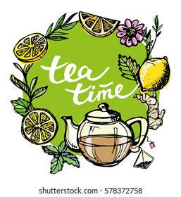 Hand drawn tea time collection. Cup and teapot. Vector illustration.