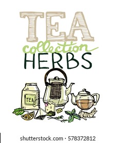 Hand drawn tea time collection. Cup and teapot. Vector illustration.
