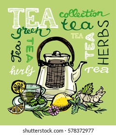 Hand drawn tea time collection. Cup and teapot. Vector illustration.