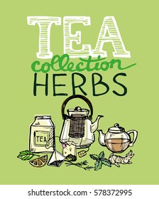 Hand drawn tea time collection. Cup and teapot. Vector illustration.