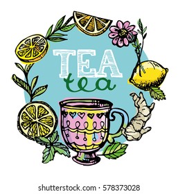 Hand drawn tea time collection. Cup and teapot. Vector illustration.