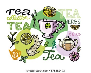 Hand drawn tea time collection.  Vector illustration.