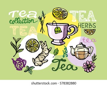 Hand drawn tea time collection.  Vector illustration.