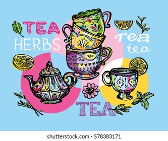 Hand drawn tea time collection.  Vector illustration.