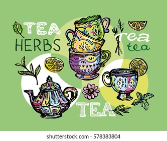 Hand drawn tea time collection.  Vector illustration.