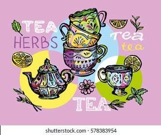 Hand drawn tea time collection.  Vector illustration.