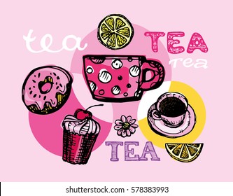 Hand drawn tea time collection.  Vector illustration.