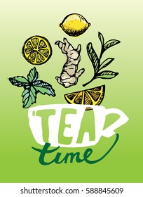 Hand drawn tea time collection.  Vector illustration.