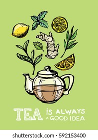 Hand drawn tea time collection.  Tea is always a good idea. Vector illustration.