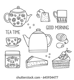 Hand drawn tea time collection. Tea ceremony vector illustration. Freehand drawing doodle set