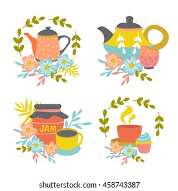 Hand drawn tea time compositions with pots cups jam jar wreaths leaves flower decoration isolated vector illustration