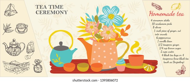 Hand drawn tea time concept with recipe of homemade tea bags plantation bergamot teapot cup bowls flowers cupcake lemon slice vector illustration