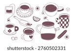 Hand Drawn Tea Time Doodle Set Cute Tea, Cups, Herbs, Relax tea vector illustration set with teapots, tea bags, lemon and sugar. Cozy line art style, perfect for branding, packaging, menus, posters