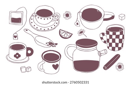 Hand Drawn Tea Time Doodle Set Cute Tea, Cups, Herbs, Relax tea vector illustration set with teapots, tea bags, lemon and sugar. Cozy line art style, perfect for branding, packaging, menus, posters