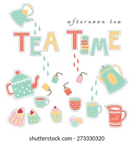 Hand drawn Tea time happy time doodle illustration pastel color vector on white background isolated bakery and teapot, tea cup, tea bag, cake invitation card celebration 