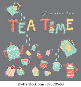 Hand drawn Tea time happy time doodle illustration pastel color vector on dark grey background isolated bakery and teapot, tea cup, tea bag, cake invitation card celebration 