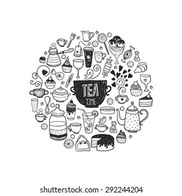 Hand drawn tea time illustration, vector doodle set with teapots, glass, cupcake, decoration, tea, ice cream, cup and sweets of a circle