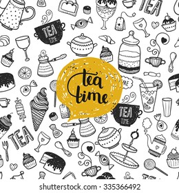 Hand drawn Tea time illustration, vector doodle background with teapot, glass, cupcake, decoration, tea, icecream, cup and sweets