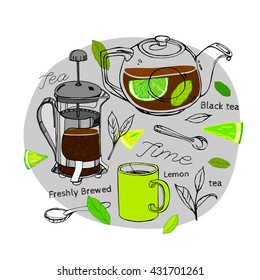 Hand drawn tea time image in artistic style. Vector editable illustration on a gray circle background. Glass round teapot, french press, tea mug, spoons and lemons. Menu element for cafe or restaurant
