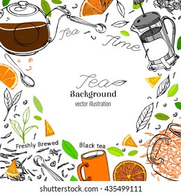 Hand drawn tea time image in artistic style. Vector editable illustration on a white background. Glass round teapot, coffeemaker, spoons and cups, orange slices and tea leaves.