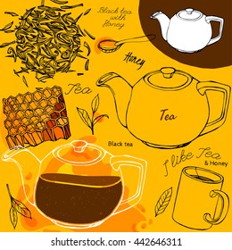 Hand drawn tea time image in artistic style. Vector editable illustration on a bright yellow background. White ceramic teapot, honey, mug and spoon, tea leaves. Menu element for cafe or restaurant