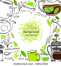 Hand drawn tea time image in artistic style. Vector editable illustration on a white background. Glass round teapot, french press, mugs and spoons, lemons and leaves.