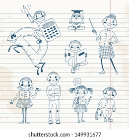 Hand drawn teacher and schoolchildren. Vector illustration.