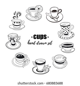 Hand drawn teacups collection. Doodle tea cups and coffee cups isolated on white background. Vector illustrations for cafe and restaurant menu design.