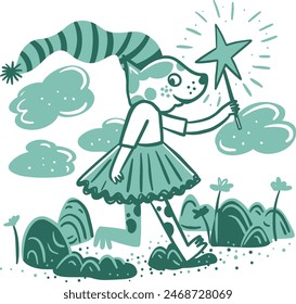 Hand drawn teal dog with a Magician star running