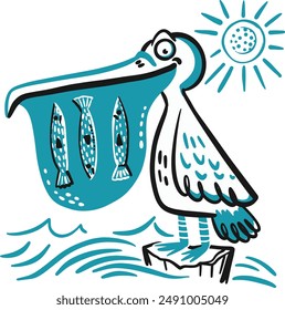 Hand Drawn teal pelican bird with fish in his beak