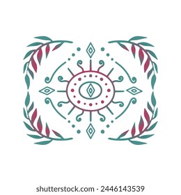 Hand drawn teal and purple gradient floral Damask motif isolated on white background. Abstract symmetric botanical decor.