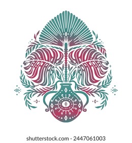 Handgezeichnetes Teal- und lila Gradienten-Blumendamast-Motiv isoliert auf weißem Hintergrund. Abstraktes symmetrisches botanisches Dekor.