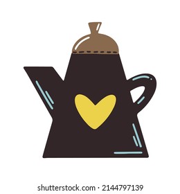 Hand drawn teapot, coffee pot isolated on white background. Doodle mug of coffee. Cartoon modern tea pot with lid decorated with design elements vector flat illustration. Ceramic tableware for a cafe