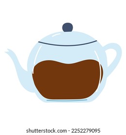 Hand drawn teapot with coffee or tea. Flat vector illustration of kitchenware, kettle icon.