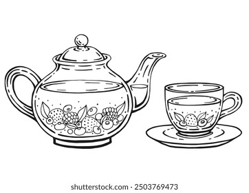 Hand drawn teapot, cup, berries. Vector illustration in outline style.