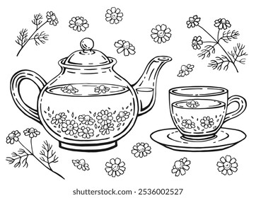 Bule desenhado à mão, xícara, camomila. Ilustração vetorial em estilo de contorno.