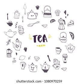 Hand drawn teapot and cup collection. Doodle tea cups, coffee cups and teapots. Vector illustration on tea time icons for cafe and restaurant menu design