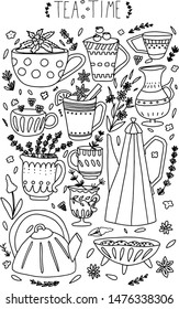Hand drawn teapot and cup collection with herbs and flowers. Vector colorful tea cups, coffee cups and teapots isolated on white background with lavender, peppermint, raspberry, cranberry and cookies.