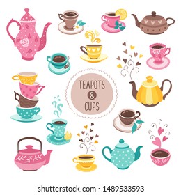 Hand drawn teapot and cup collection. Colorful tea cups, coffee cups and teapots isolated on white background. Vector illustration of tea time icons for cafe and restaurant menu design.