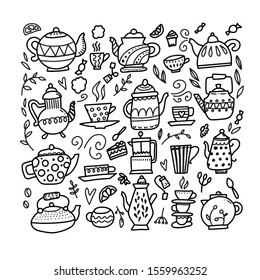 Hand drawn teapot and cup collection. Doodle tea cups, coffee cups and teapots isolated on white background. Vector illustration on tea time icons for cafe and restaurant menu design