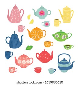 Hand drawn teapot and cup collection. Colorful tea cups, coffee cups and teapots isolated on white background.